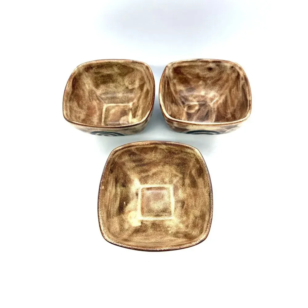 Mara Ceramic Stoneware Set of 3 Square Bowls Sunburst Swirl Design 6